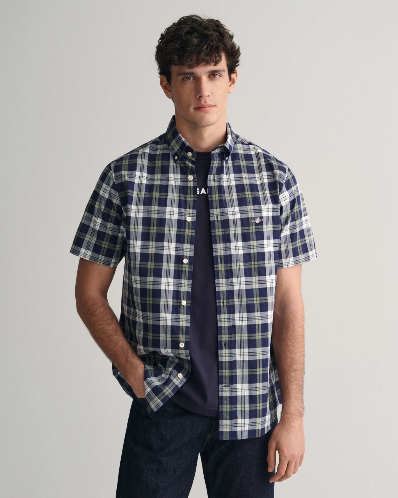 Gant Reg Poplin Check Short Sleeved Shirt - Classic Blue
