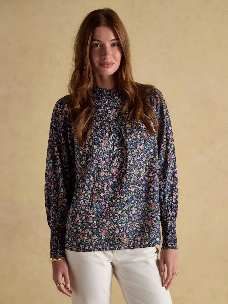 Joules Silvia Multi Long Sleeved Frill Neck Smocked Blouse