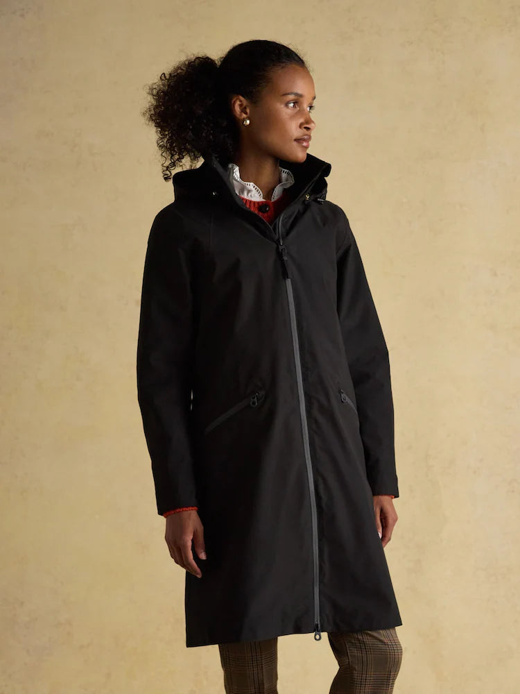 Joules Rainaway Black Lightweight Waterproof Longline Raincoat with Hood