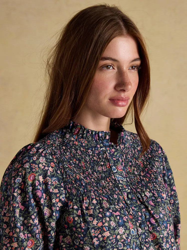 Joules Silvia Multi Long Sleeved Frill Neck Smocked Blouse