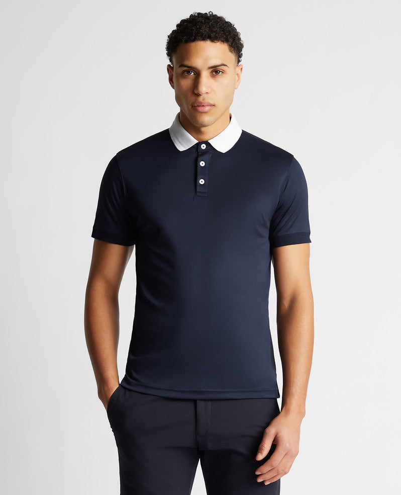 Remus Uomo Short Sleeved Polo Shirt - Navy/ White Collar