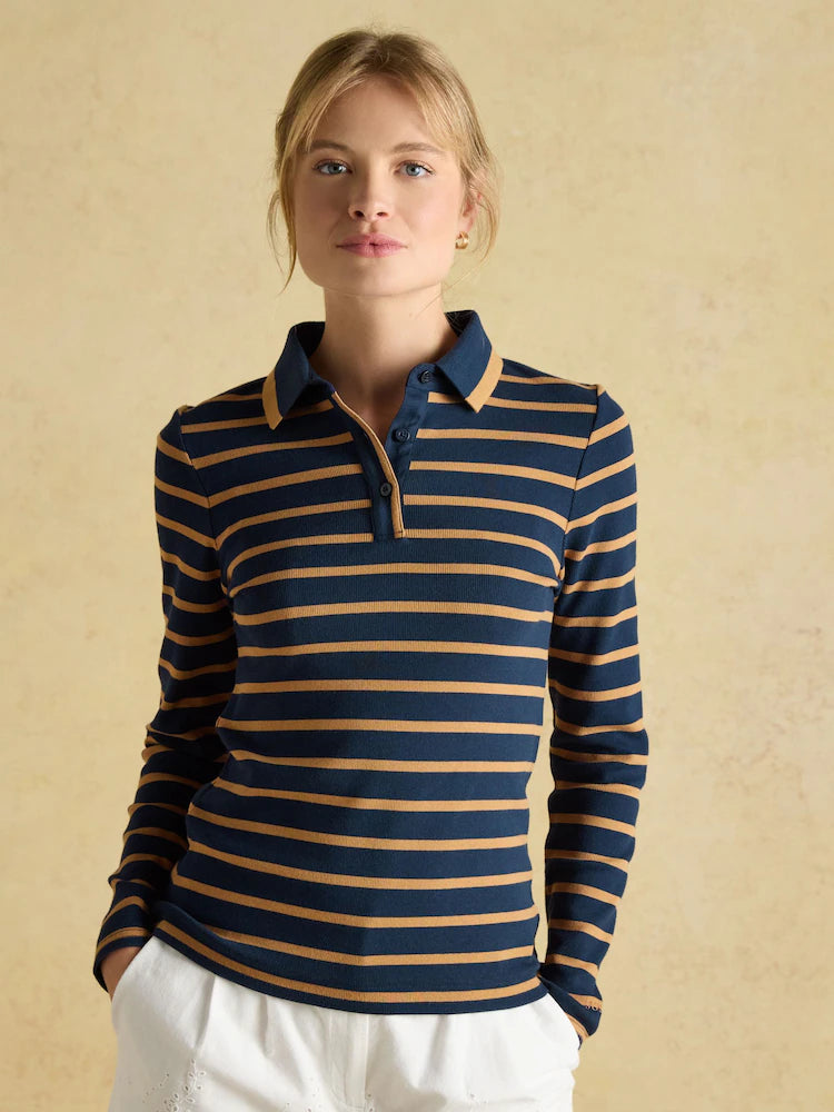 Joules Fairfield Navy Blue & Brown Ribbed Long Sleeve Striped Polo Shirt