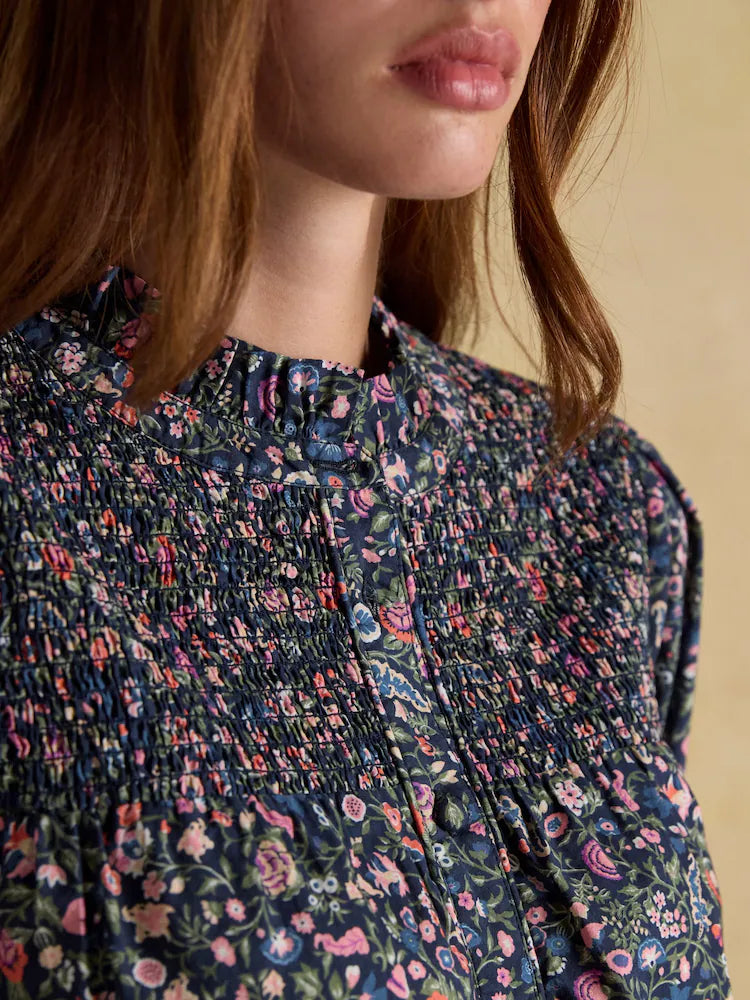 Joules Silvia Multi Long Sleeved Frill Neck Smocked Blouse