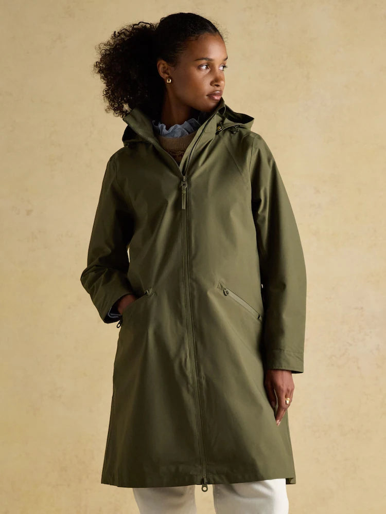 Joules Rainaway Green Lightweight Waterproof Longline Raincoat with Hood