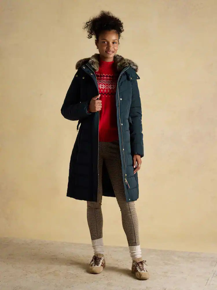 Joules Aspen Navy Showerproof Longline Padded Coat with Faux Fur Hood