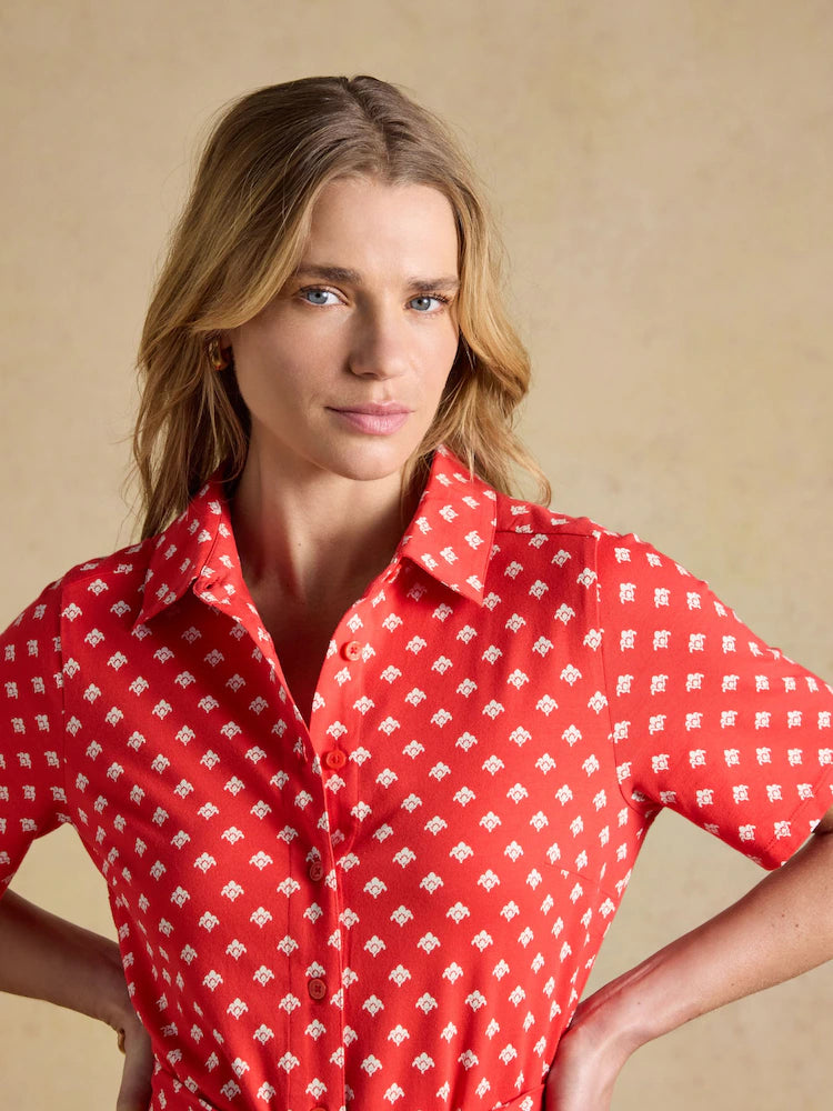 Joules Sabrina Red Foulard Midi Shirt Dress