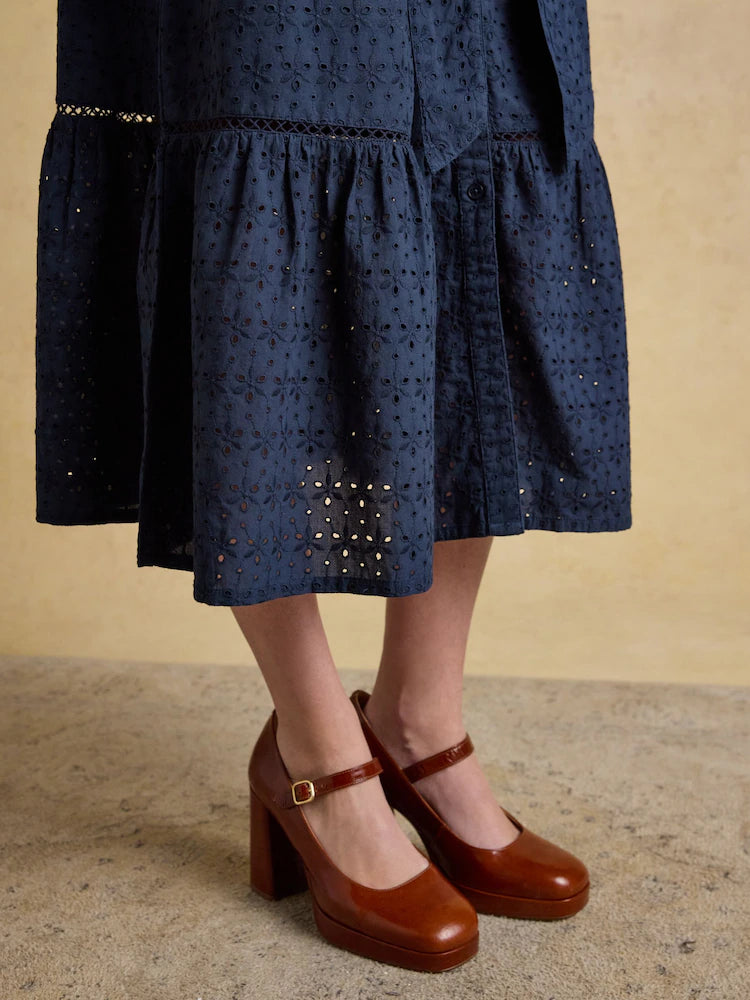 Joules Susanna Navy Short Sleeve Broderie Midi Dress