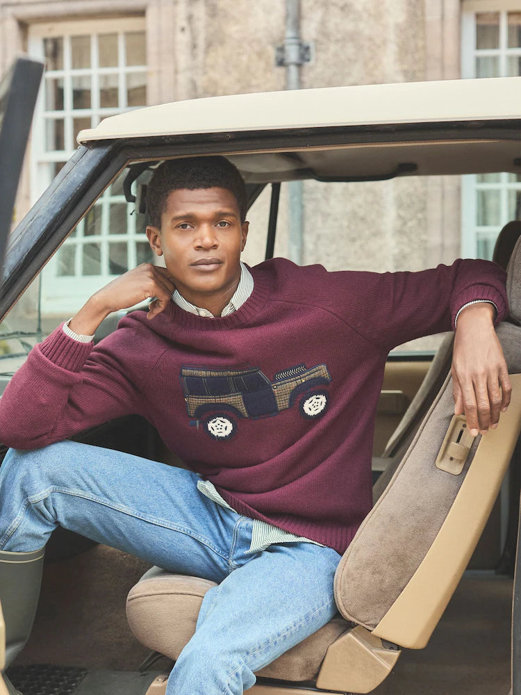Joules 4x4 Burgundy Port Intarsia Crew Neck Jumper
