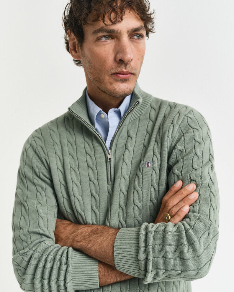 Gant Cotton cable Hafl Zip Jumper - Kalamata Green