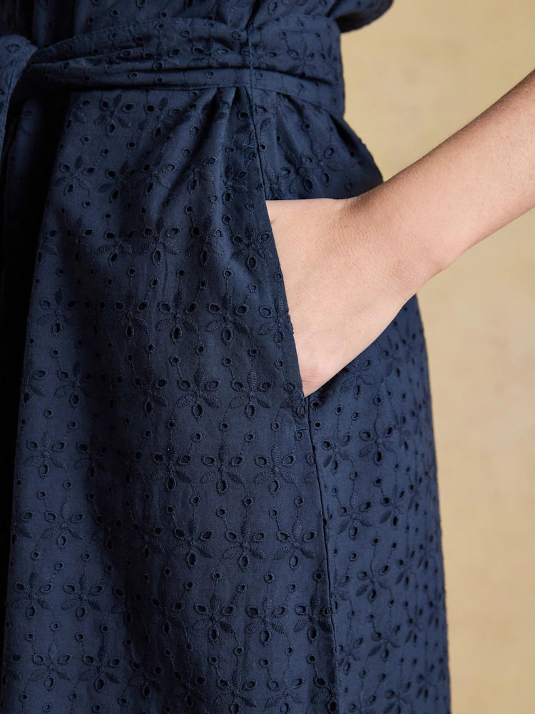 Joules Susanna Navy Short Sleeve Broderie Midi Dress