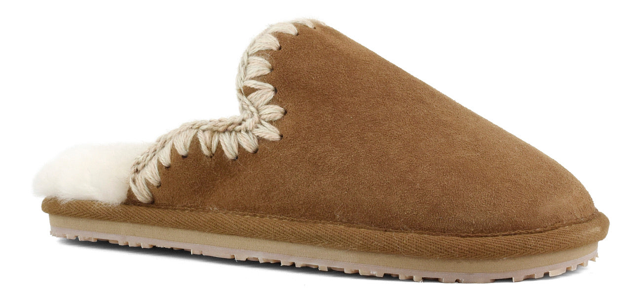 Mou Boots Suede Slipper Eskimo Stitch - Cognac