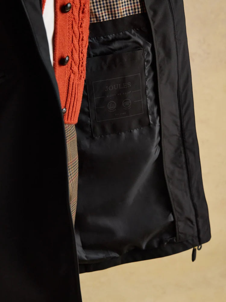 Joules Rainaway Black Lightweight Waterproof Longline Raincoat with Hood