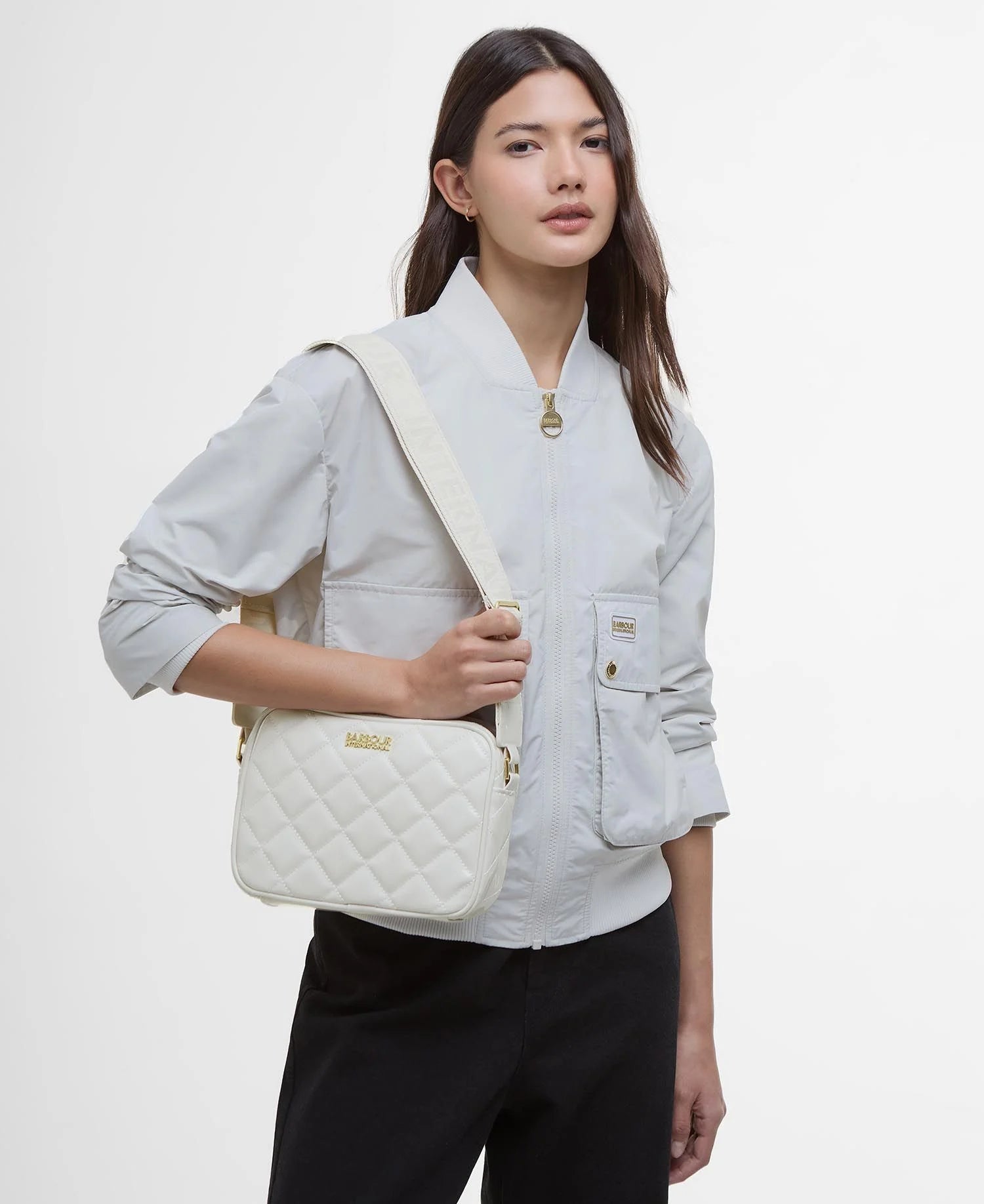 Barbour International Quilted Sloane Crossbody Bag - Gloss Silver Birch