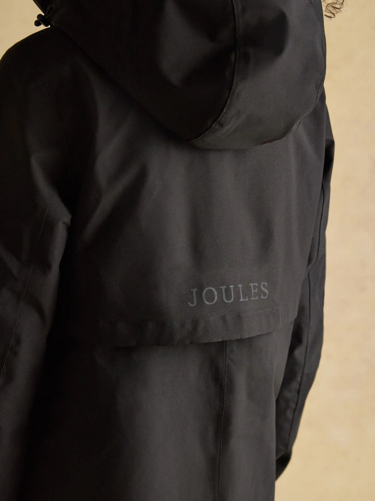 Joules Rainaway Black Lightweight Waterproof Longline Raincoat with Hood