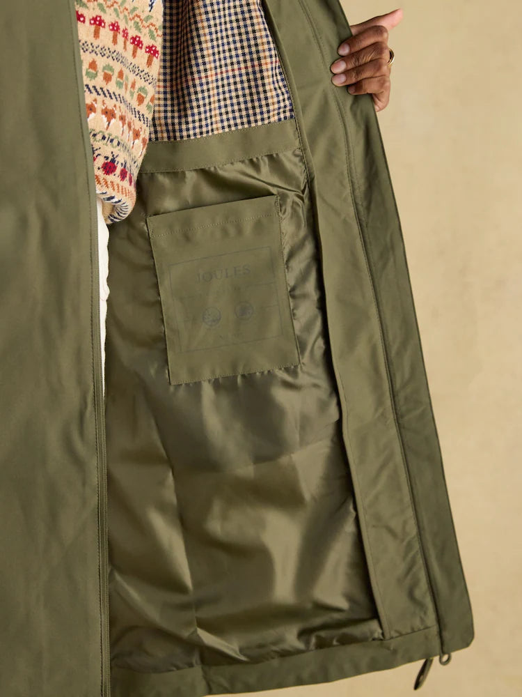 Joules Rainaway Green Lightweight Waterproof Longline Raincoat with Hood