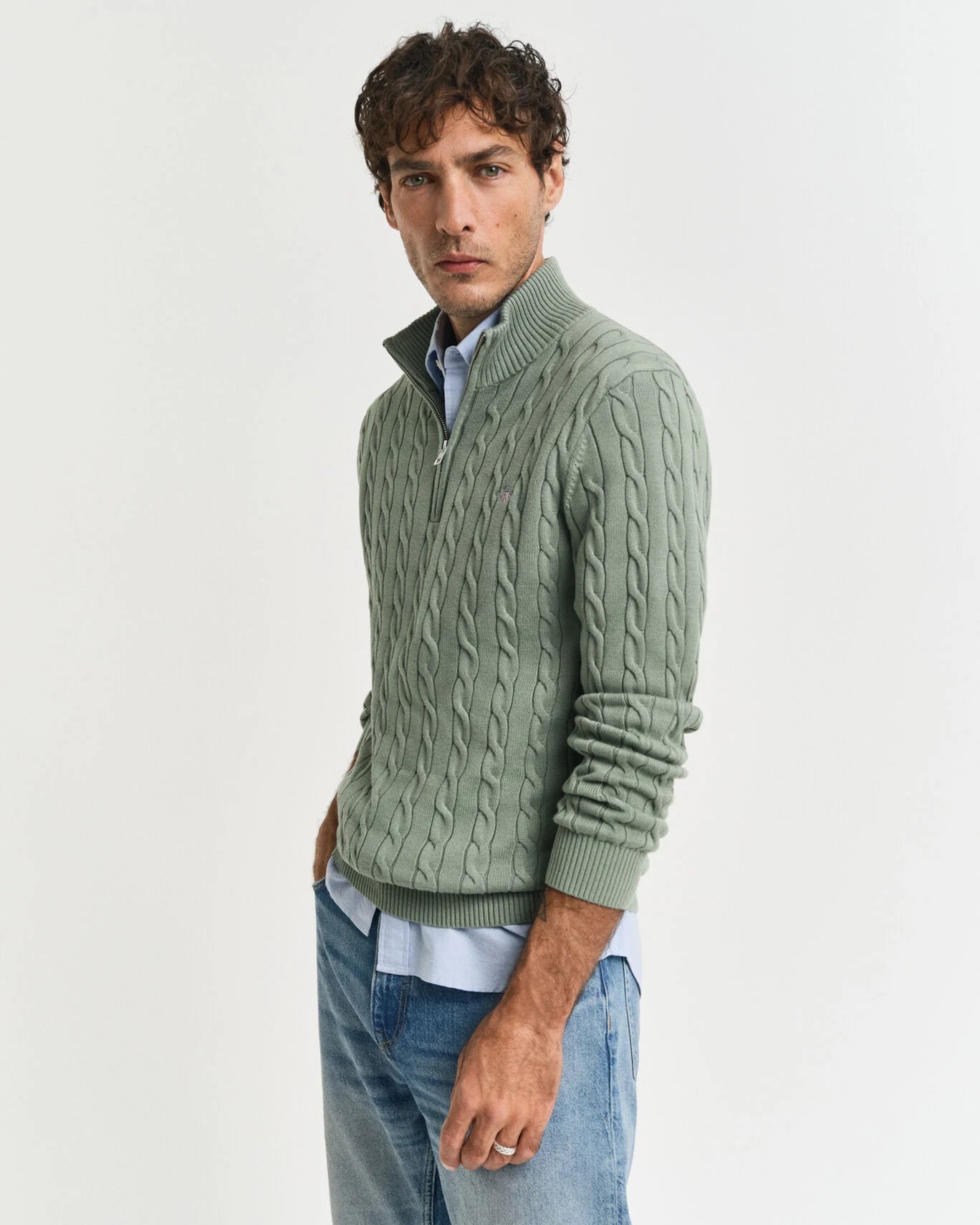 Gant Cotton cable Hafl Zip Jumper - Kalamata Green