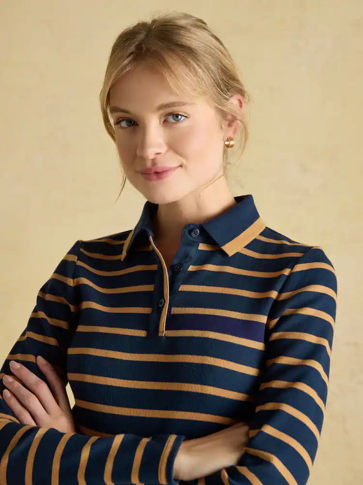 Joules Fairfield Navy Blue & Brown Ribbed Long Sleeve Striped Polo Shirt