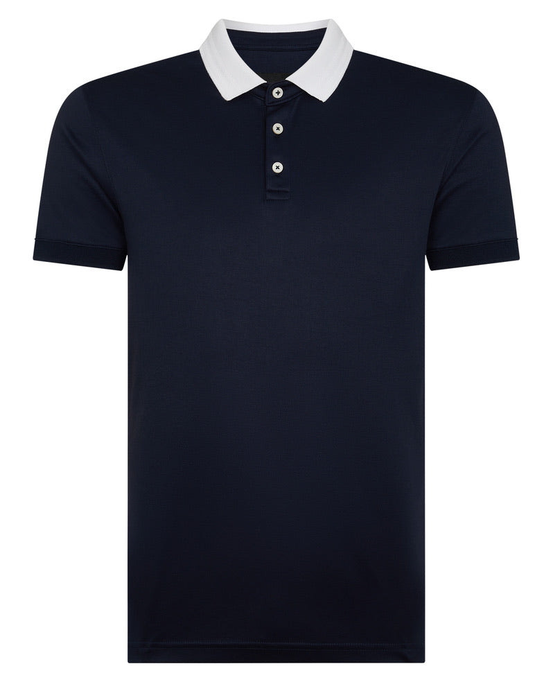 Remus Uomo Short Sleeved Polo Shirt - Navy/ White Collar
