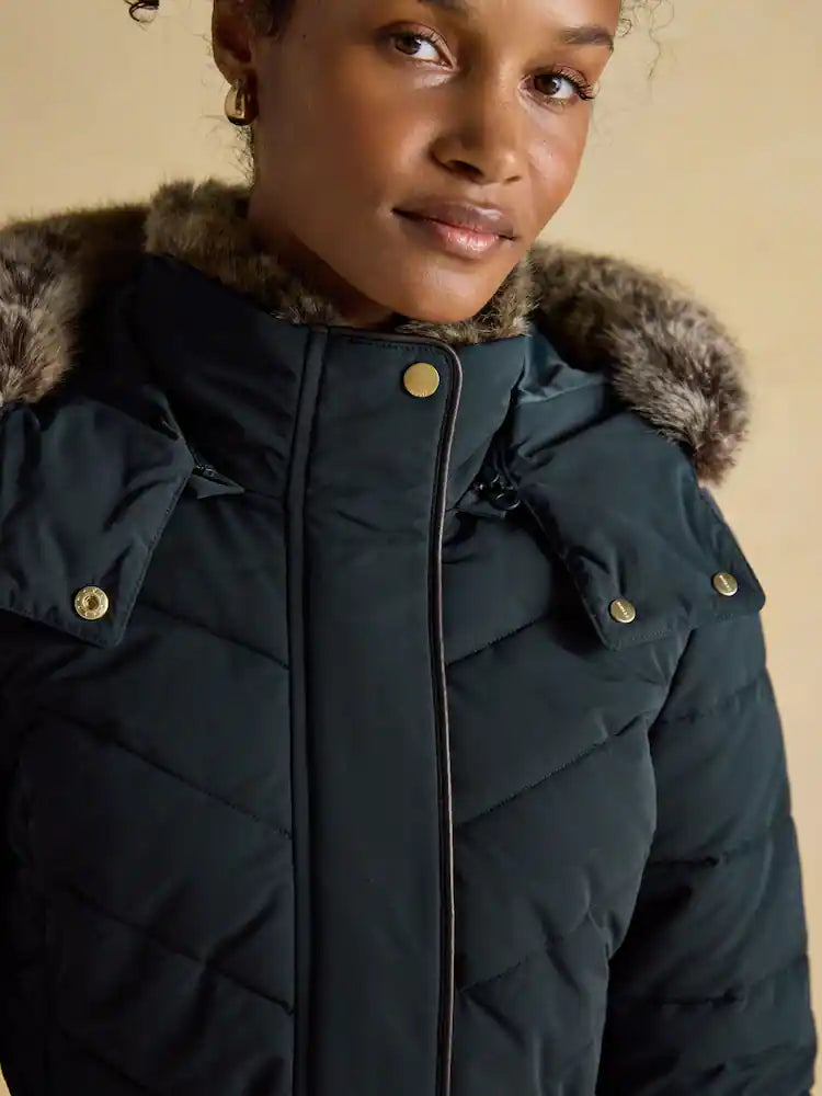 Joules Aspen Navy Showerproof Longline Padded Coat with Faux Fur Hood