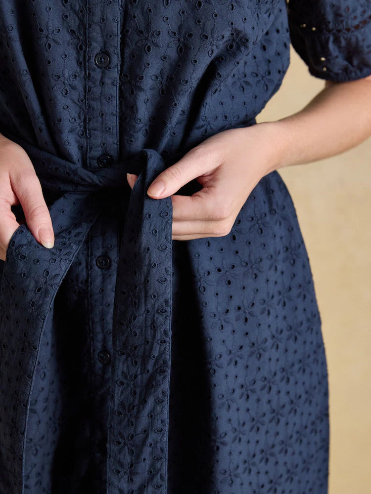 Joules Susanna Navy Short Sleeve Broderie Midi Dress