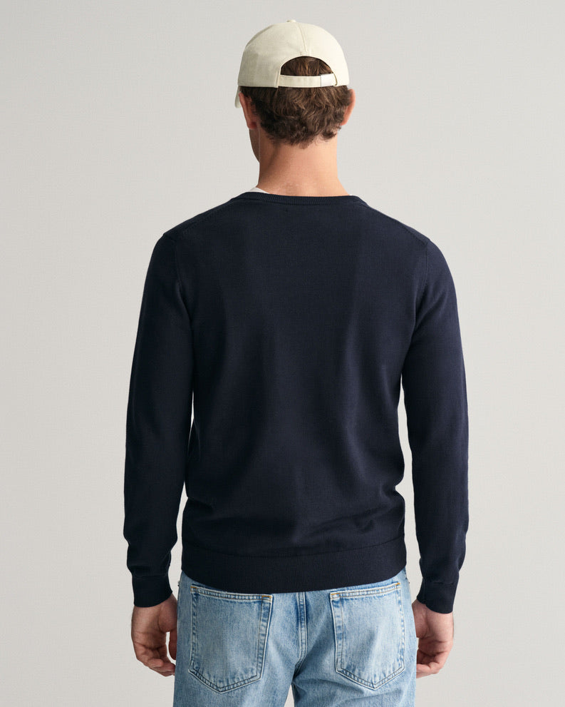 Gant Classic Cotton V-Neck Sweater - Evening Blue