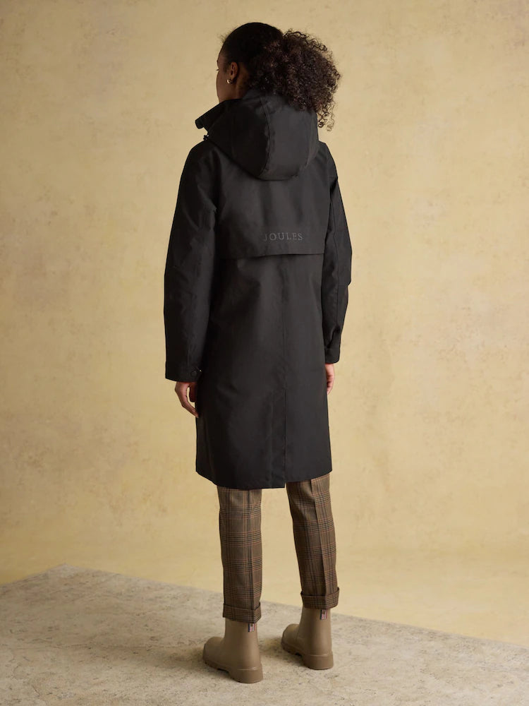 Joules Rainaway Black Lightweight Waterproof Longline Raincoat with Hood