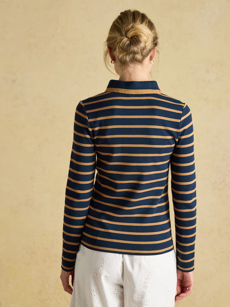 Joules Fairfield Navy Blue & Brown Ribbed Long Sleeve Striped Polo Shirt