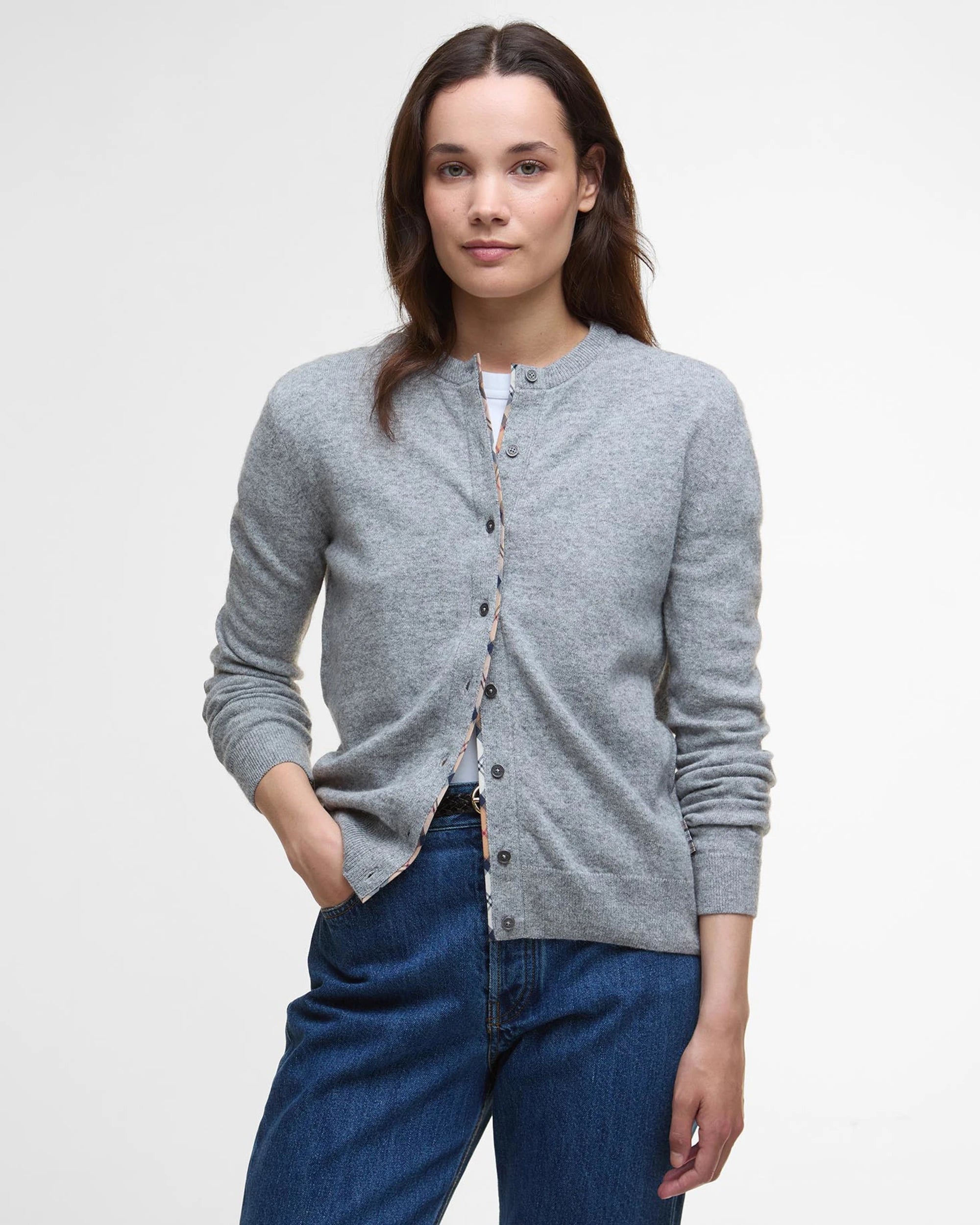 Barbour Pendle Knitted Cardigan - Grey Marl/Hessian Tartan