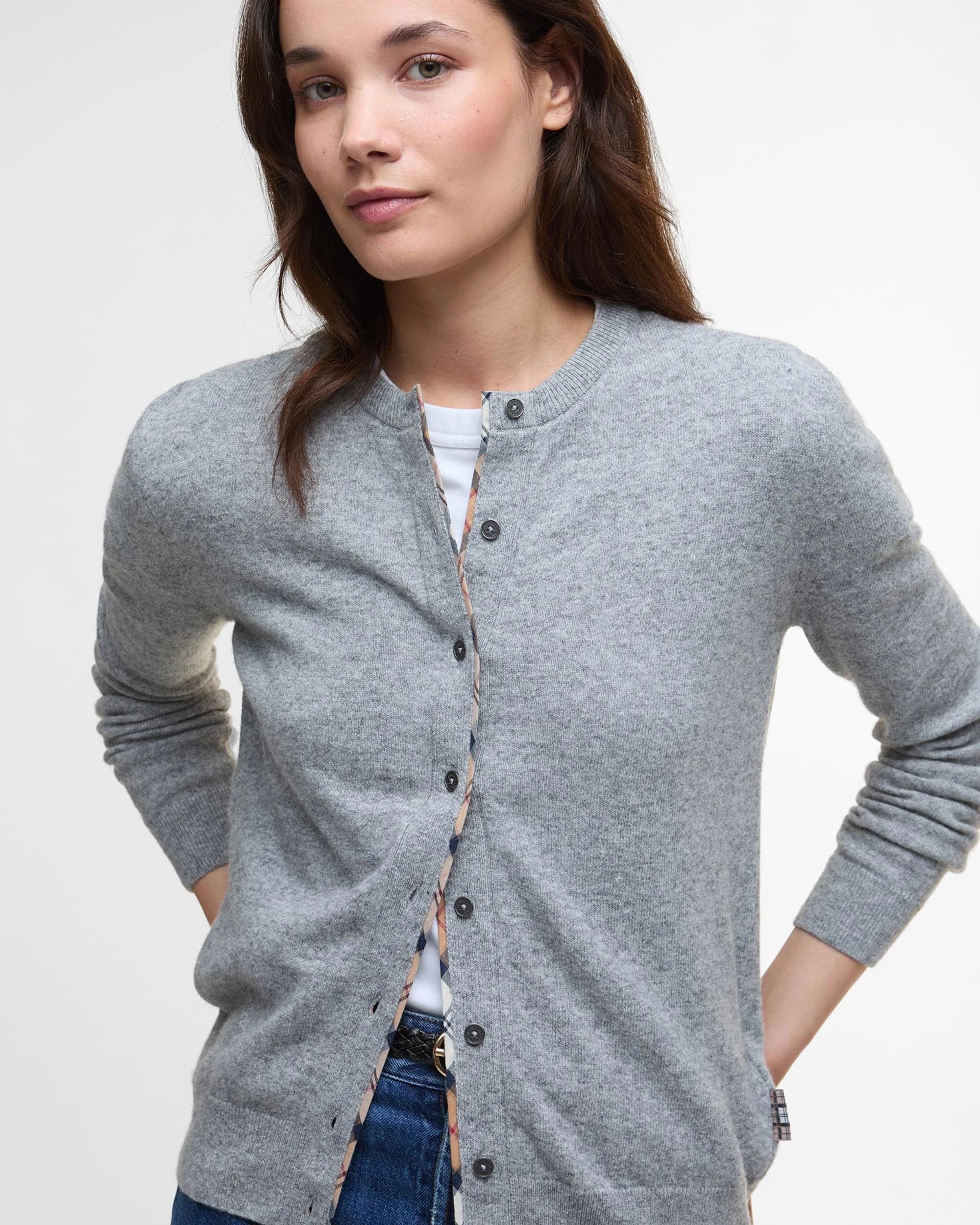 Barbour Pendle Knitted Cardigan - Grey Marl/Hessian Tartan