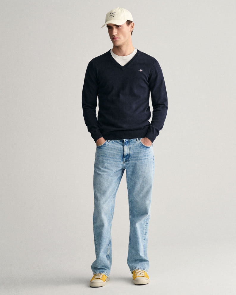 Gant Classic Cotton V-Neck Sweater - Evening Blue
