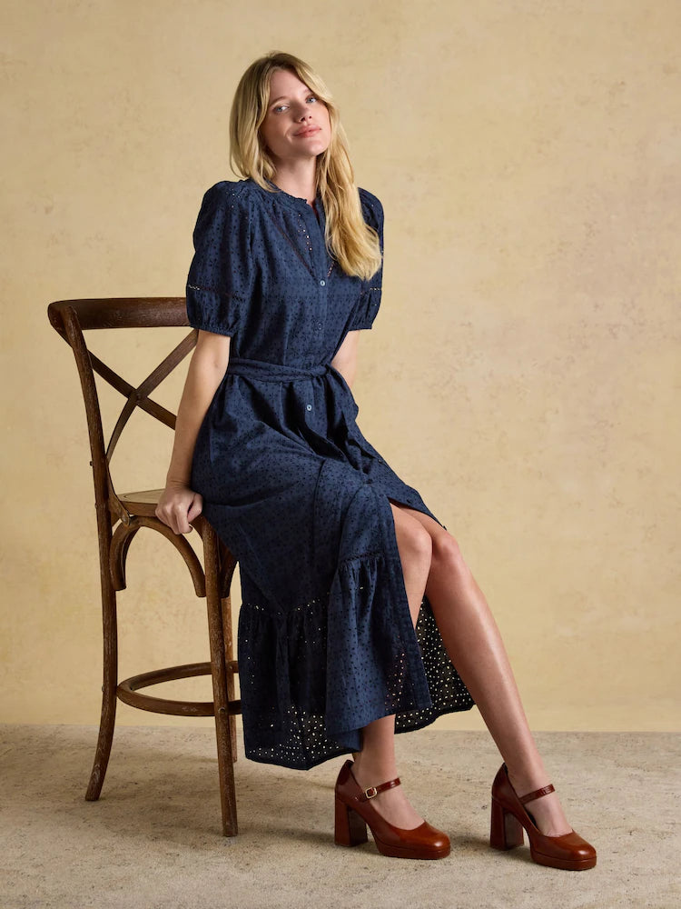 Joules Susanna Navy Short Sleeve Broderie Midi Dress