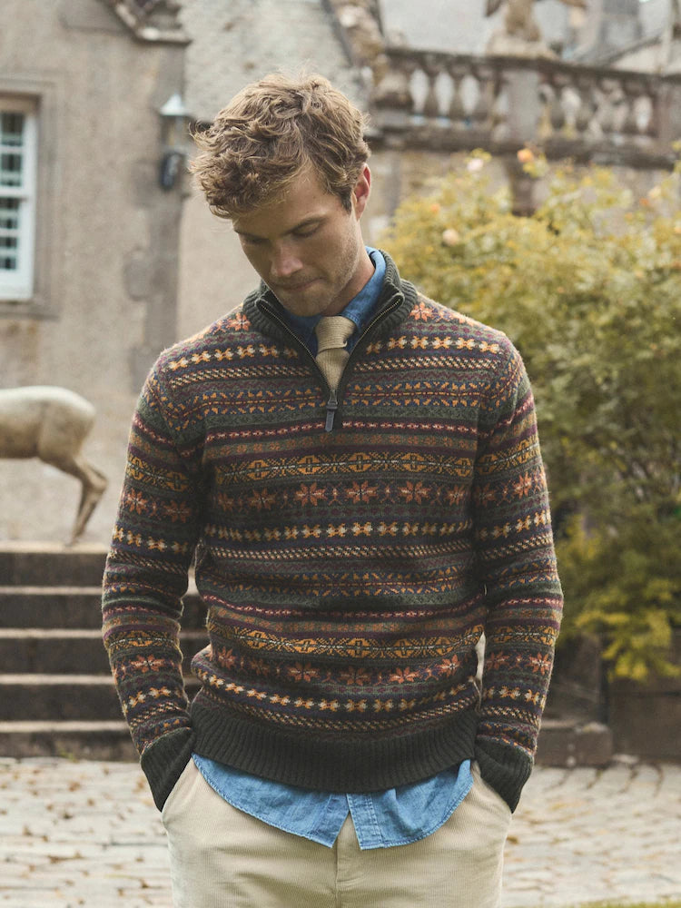 Joules Milligan Wool-Rich Green Quarter Zip Fair Isle Jumper