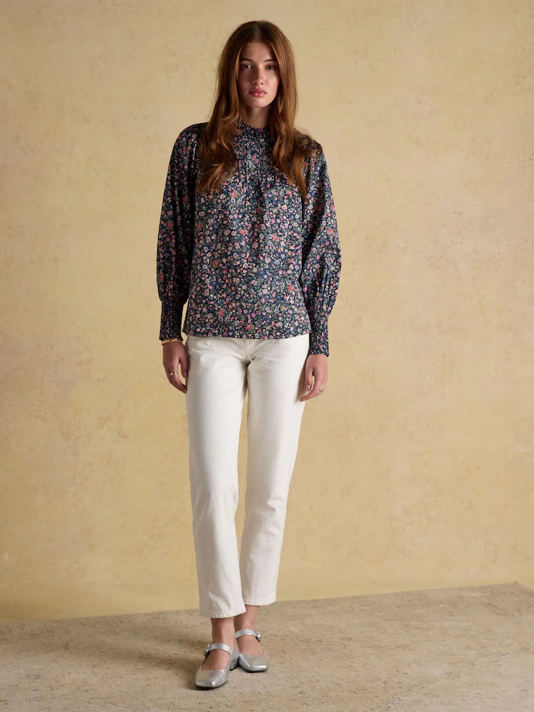 Joules Silvia Multi Long Sleeved Frill Neck Smocked Blouse