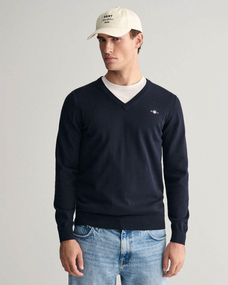 Gant Classic Cotton V-Neck Sweater - Evening Blue