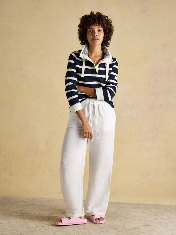 Joules Saunton Navy & Cream Striped Cotton Blend Sweatshirt with Buttoned Funnel Neck