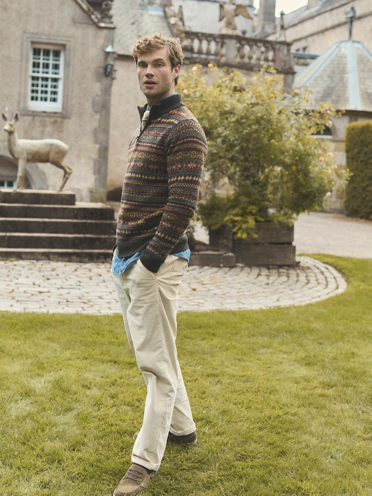 Joules Milligan Wool-Rich Green Quarter Zip Fair Isle Jumper