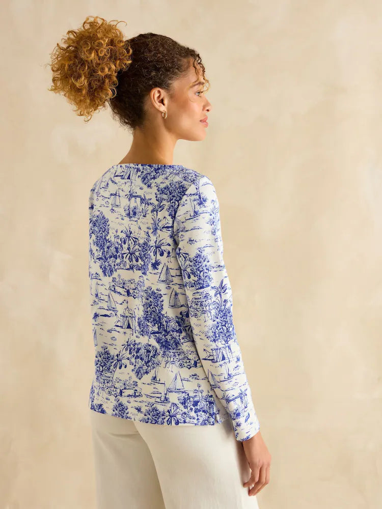 Joules Harbour Blue Toile de Jouy Boat Neck Printed Top