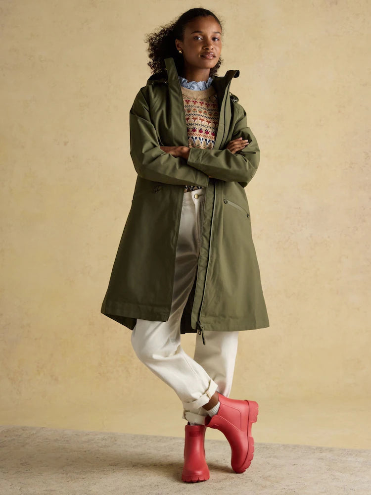 Joules Rainaway Green Lightweight Waterproof Longline Raincoat with Hood