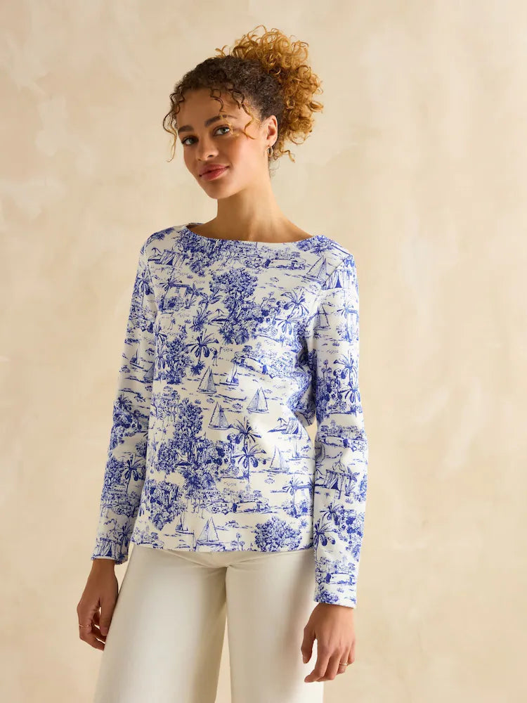 Joules Harbour Blue Toile de Jouy Boat Neck Printed Top