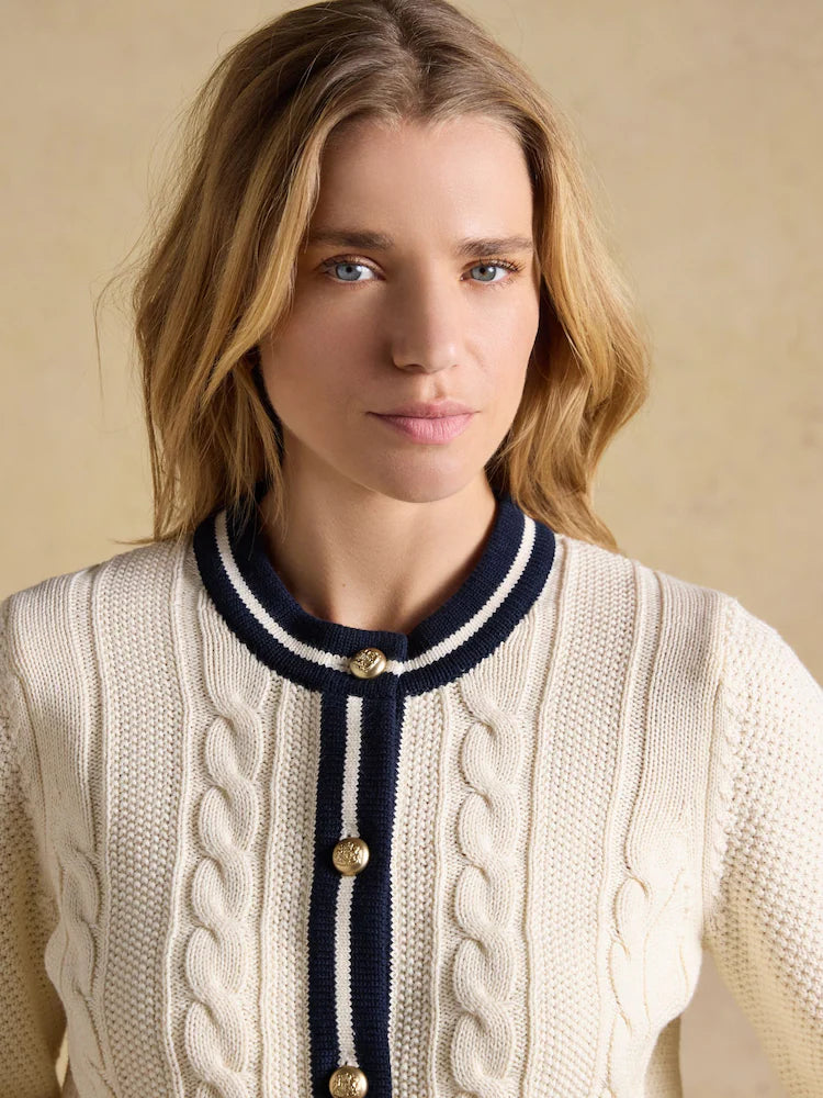 Joules Cream Cotton Cable Knit Cardigan With Crew Neck