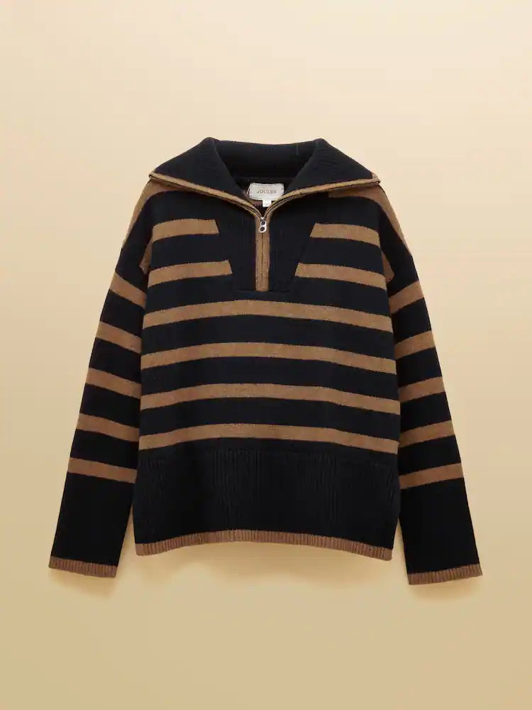 Joules Waverley Wool-Rich Navy & Tan Stripe Quarter Zip Funnel Neck Jumper