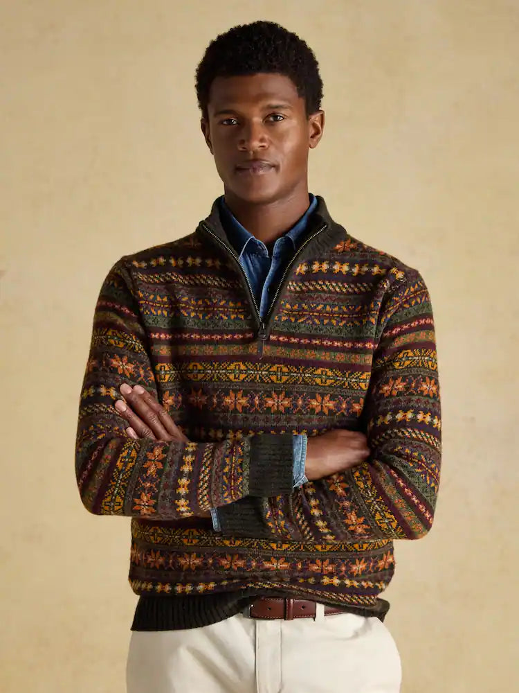 Joules Milligan Wool-Rich Green Quarter Zip Fair Isle Jumper