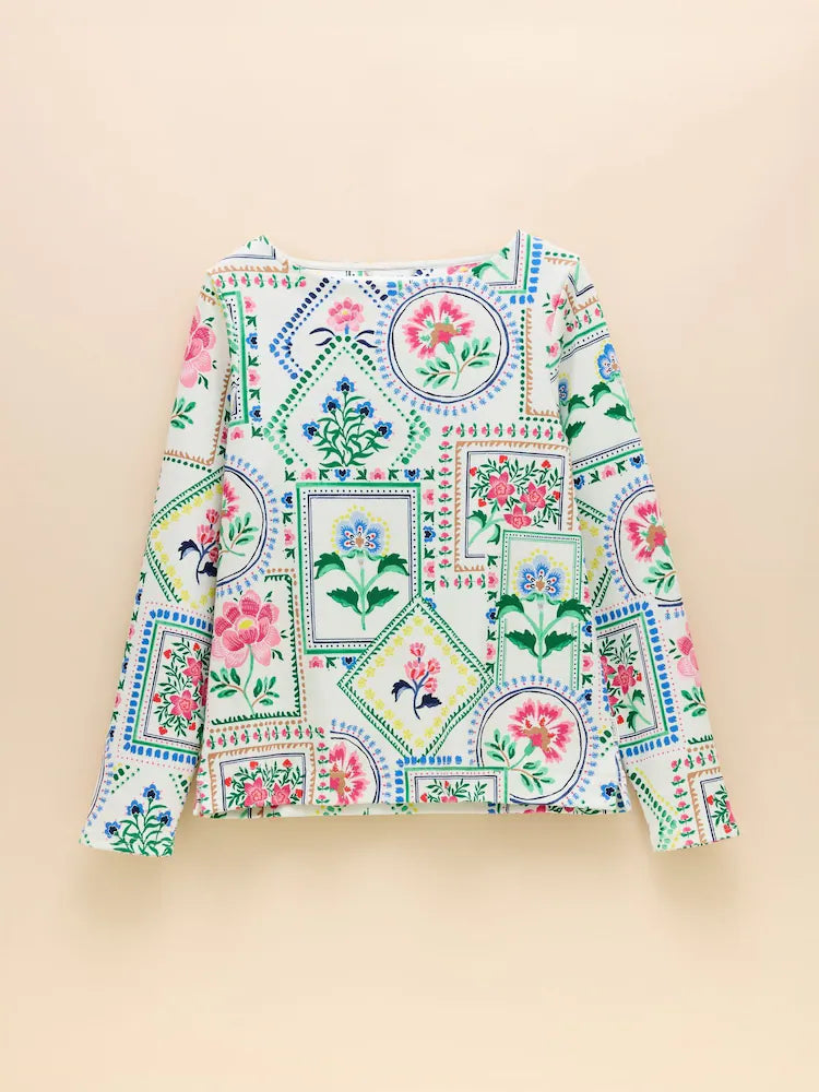 Joules Printed Harbour Cream Tile Boat Neck Printed Top