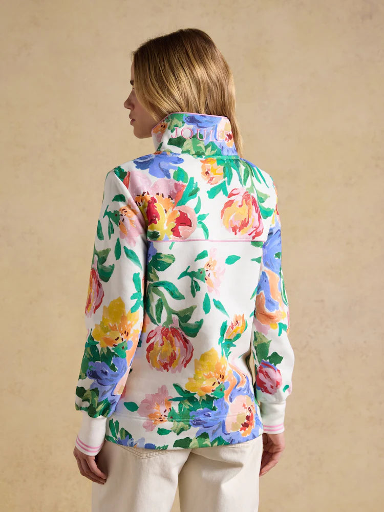 Joules Burnham White Floral Quarter Zip Sweatshirt With Funnel Neck