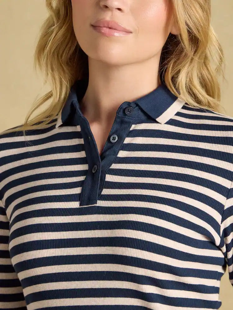 Joules Fairfield Navy/Oat Marl Ribbed Long Sleeve Collared Jersey Top
