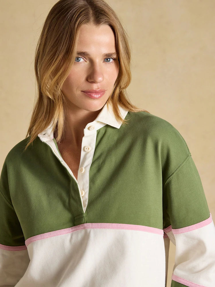 Joules Green Striped Long Sleeve Cotton Collared Rugby Deckshirt