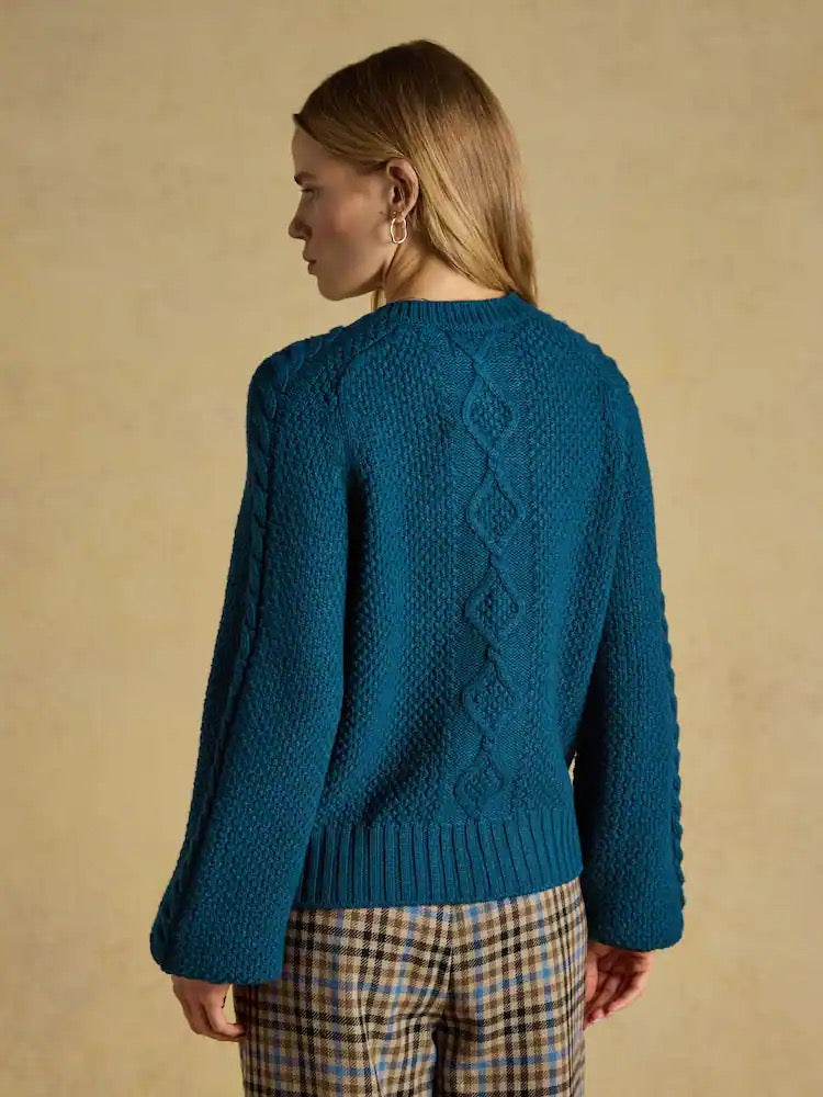 Joules Rafferty Petrol Cable Knit Crew Neck Cardigan