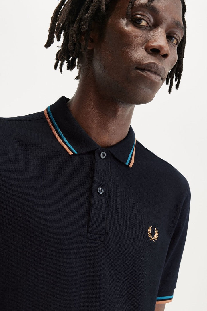 Fred Perry Twin Tipped Polo Shirt - Navy/ Cyber Blue/ Light Rust