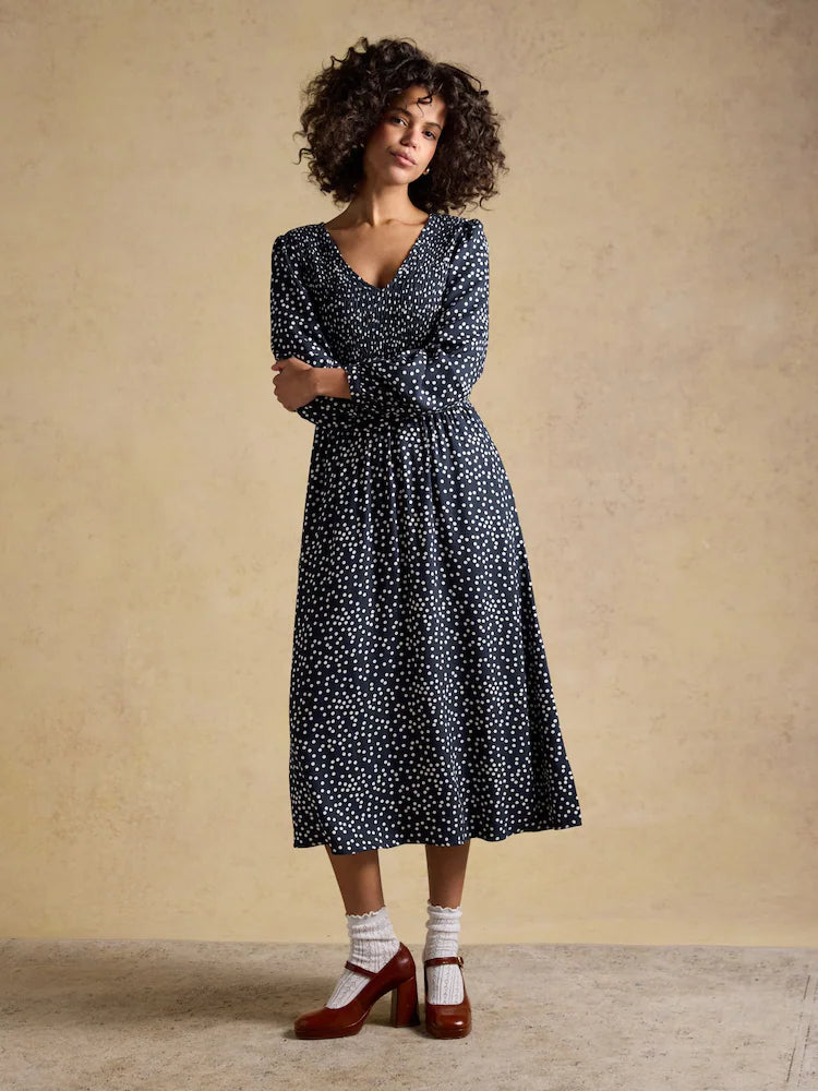 Joules Liliana Navy Spot Shirred V-Neck Midi Dress