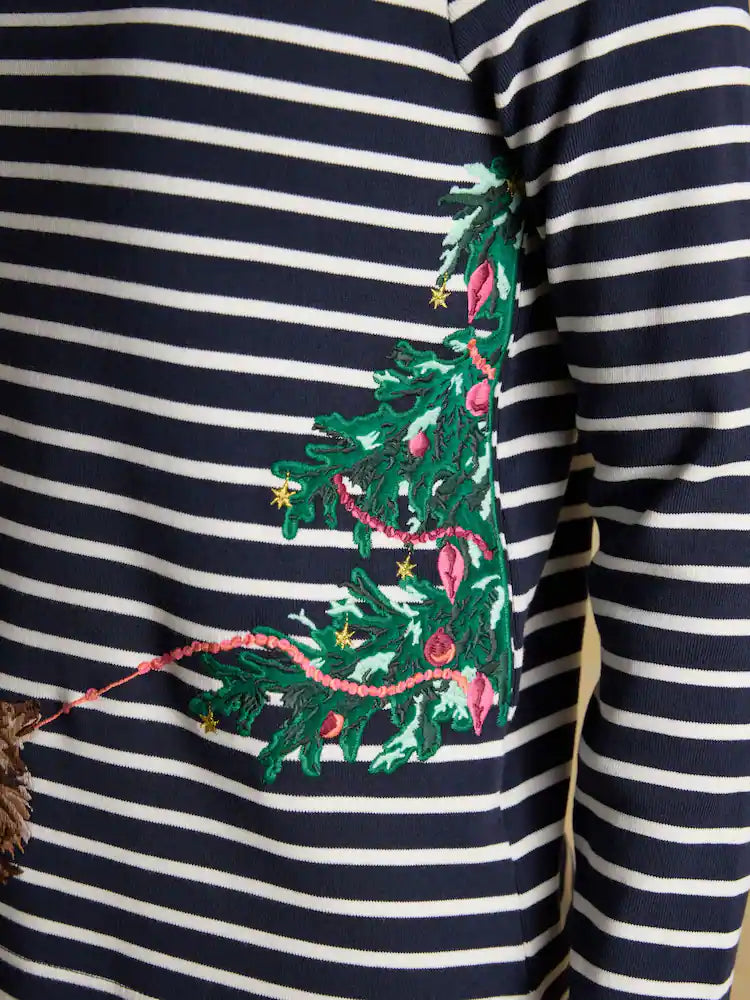 Joules Festive Harbour Dog Navy/Cream Boat Neck Breton Top